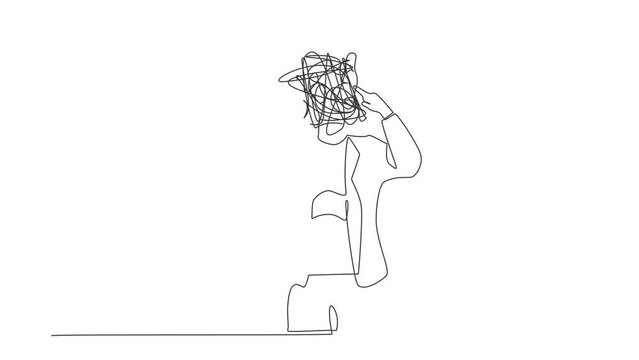 Animated self drawing of continuous line draw businesswoman with round scribbles instead of head. Office worker covering her ears. Person closing ear for loud noise. Full length one line animation