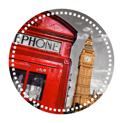 Travel sticker or badge of Big Ben and red telephone booth in London, the UK
