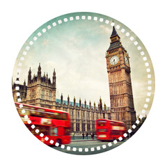 Travel sticker or badge of Big Ben and red buses in London, England