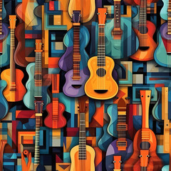Obraz na płótnie Canvas Guitars musical instruments seamless repeat pattern - fantasy colorful cubism, abstract art, trippy psychedelic [Generative AI] 