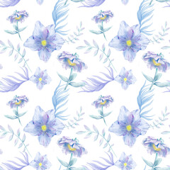Delicate watercolor flower pattern.
Seamless print with blue flowers on a white background. Watercolor illustration for fabric, wallpaper, scrapbooking or any other your purpose.