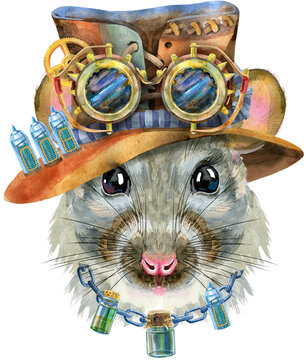 Watercolor portrait of rat wearing a steampunk hat with goggles