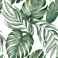 Fototapeta na wymiar Seamless floral pattern with palm leaves hand-drawn painted in watercolor style. The seamless pattern can be used on a variety of surfaces, wallpaper, textiles or packaging