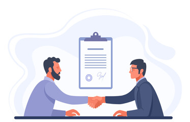 Illustration concept of concluding a contract, business negotiations, insurance. Two male businessmen shake hands, make a deal, sign a contract, an insurance policy. Clipboard with agreement, contract