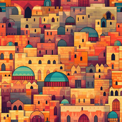 Naklejka premium Ancient city walls at sunset Jerusalem old city, seamless repeat pattern - fantasy colorful cubism, abstract art, trippy psychedelic [Generative AI] 