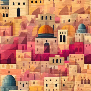 Ancient city walls at sunset Jerusalem old city, seamless repeat pattern - fantasy colorful cubism, abstract art, trippy psychedelic [Generative AI]
