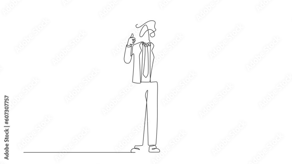 Poster self drawing animation of single line draw businessman with round scribbles instead of head. confuse