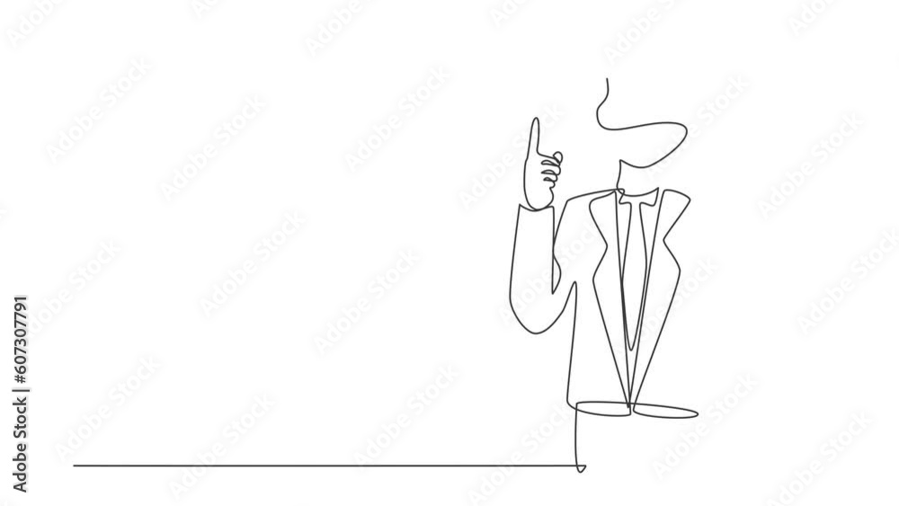 Poster animated self drawing of continuous line draw businessman with round scribbles instead of a head. ma