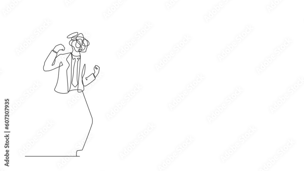 Poster self drawing animation of single one line draw businessman with round scribbles instead of head. ang