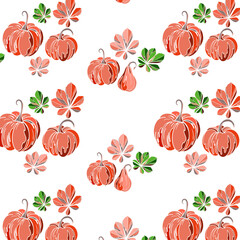 seamless pattern with hand drawn pumpkins and leaf
