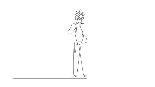 Self drawing animation of single line draw businessman with round scribbles instead of head. Man stop gesture, manager covering eyes. Negative emotion pose. Continuous line draw. Full length animated