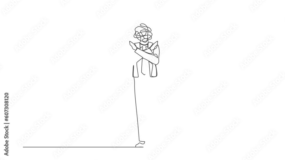 Poster animated self drawing of continuous one line draw businessman with round scribbles instead of head. 