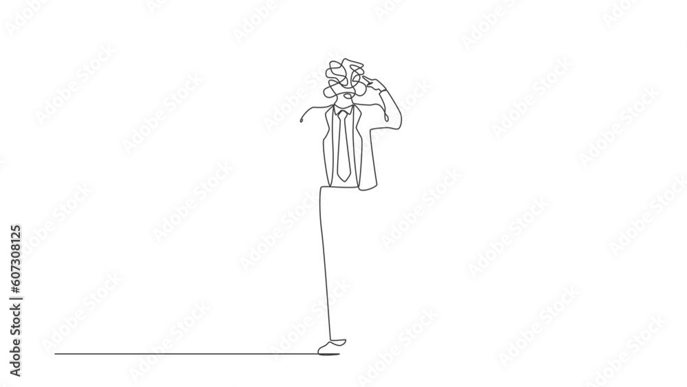Poster animated self drawing of continuous line draw businessman with round scribbles instead of head. mana