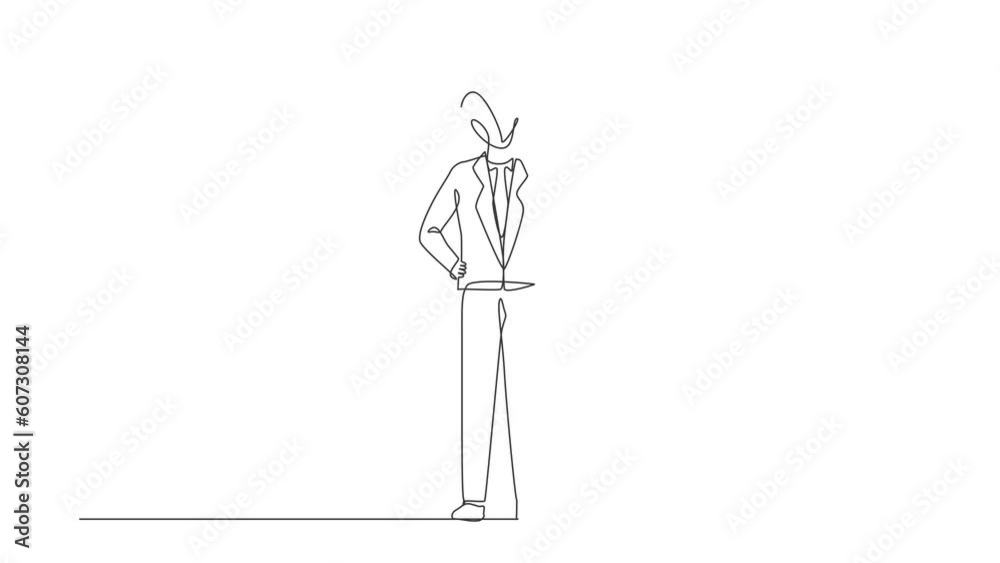 Poster animated self drawing of continuous one line draw businessman with round scribbles instead of head. 