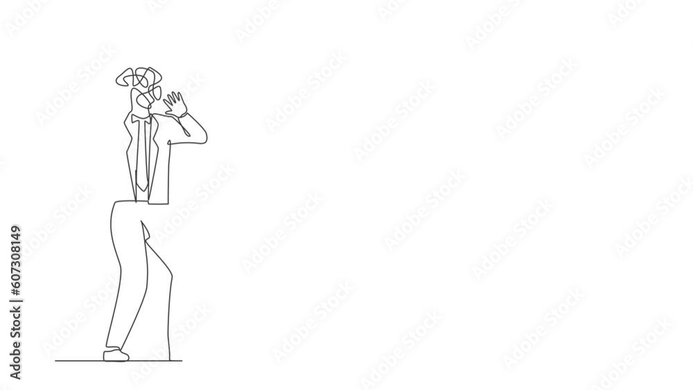 Poster self drawing animation of single line draw businessman with round scribbles instead of head. shocked