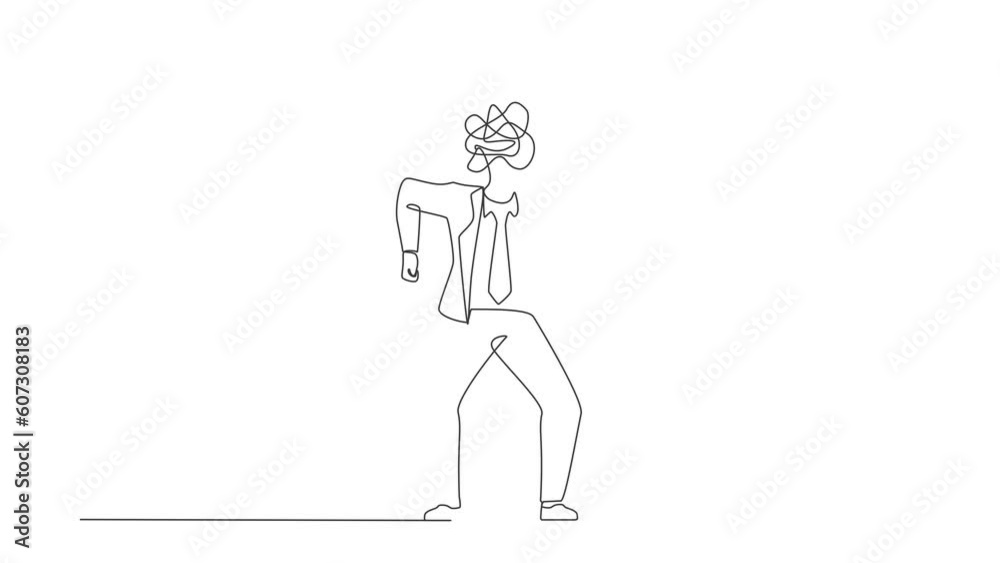 Poster animated self drawing of continuous line draw businessman with round scribbles instead of a head. an