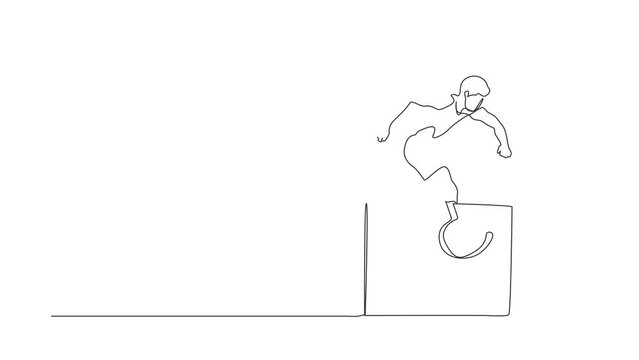 Animated self drawing of continuous line draw amputated young male athlete jumping, running over hurdle. Disability games with hurdle race. Disability sport concept. Full length one line animation