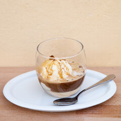 Affogato, homemade vanilla ice cream with espresso