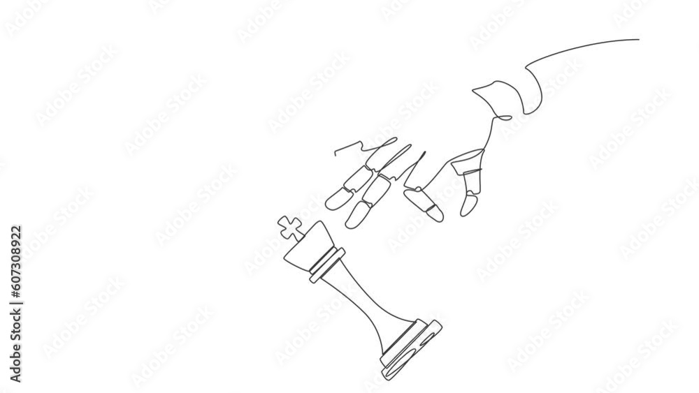 Poster animated self drawing of continuous line draw robot hand holding chess pawn to take down chess king.