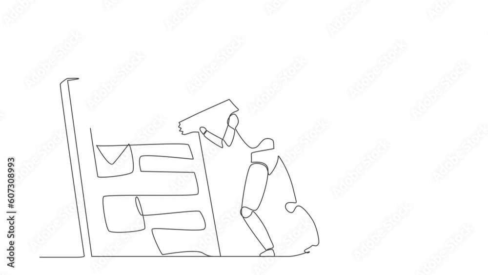 Poster animated self drawing of continuous line draw robots standing mark checklist with big pencil. humano