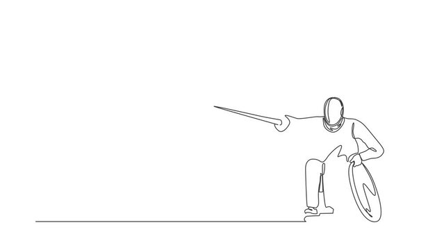 Animated self drawing of continuous line draw disabled fencing man in wheelchair. Disability swordsman with rapier. Concept for sport, summer games, recovery, swordplay. Full length one line animation
