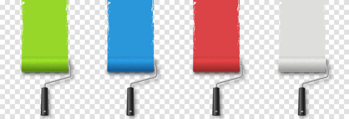 Vector paint roller. Paint roller png. Tool for wall painting, drawing. Multi-colored paint rollers with paint png. Construction Materials.
