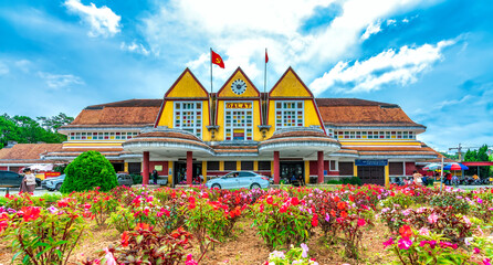Ancient railway station in Da Lat, Vietnam, French architecture in sunny autumn attracts tourists to visit, this place  recognized national historic site