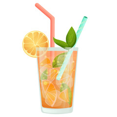 A refreshing summer cocktail decorated with fruit and mint leaves, straws and cocktail umbrellas, drinks reminiscent of of carefree summer vacations  