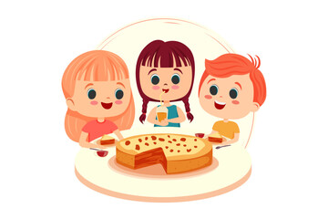 children eat delicious food, happy children, food, celebration, illustration