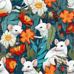 Cartoon white rats and flowers seamless repeat pattern - fantasy colorful cubism, abstract art, trippy psychedelic [Generative AI]
