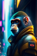 Generative AI Portrait of a monkey in a futuristic city, cyberpunk