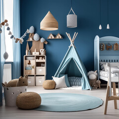 Children's room with a tent and toys in blue