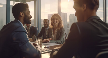 Beautiful business woman on a meeting in modern office with business partners
