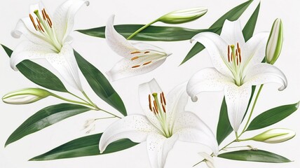 watercolor lily flowers and green leaves Generative AI