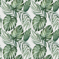 Seamless floral pattern with  palm leaves hand-drawn painted in watercolor style. The seamless pattern can be used on a variety of surfaces, wallpaper, textiles or packaging
