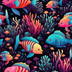 Fototapeta na wymiar Exotic fishes and corals seamless repeat pattern - fantasy colorful cubism, abstract art, trippy psychedelic [Generative AI]