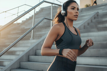 Active female running and exercising on staircase .AI Generative