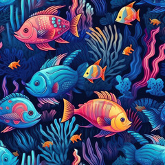 Fototapeta premium Exotic fishes and corals seamless repeat pattern - fantasy colorful cubism, abstract art, trippy psychedelic [Generative AI]