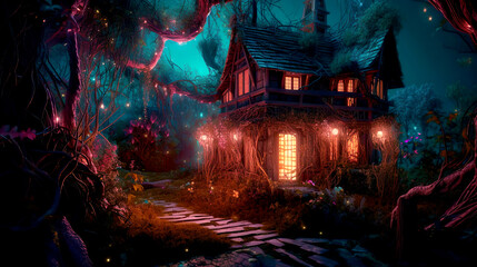 a fairy-tale house in magical forest, ai generated - obrazy, fototapety, plakaty