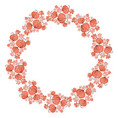 autumn frame with hand drawn pumpkins and leaf