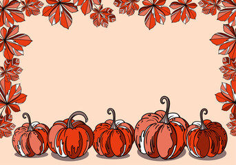autumn frame with hand drawn pumpkins and leaf