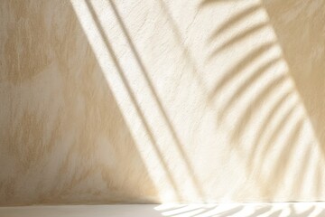 Fototapeta na wymiar Shadow of tropical leaves on white concrete light beige wall