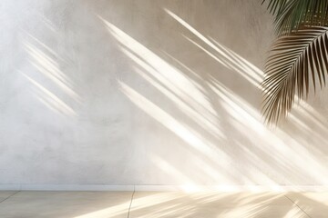 Shadow of palm leaves on white concrete light beige wall - obrazy, fototapety, plakaty