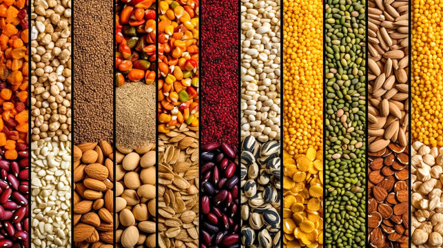 Various colorful cereals and legumes, top view, generative AI.