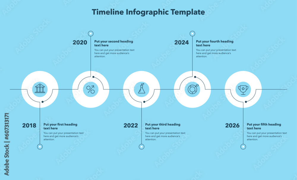 Poster timeline infographic template with five stages - blue version. can be used for your website or prese