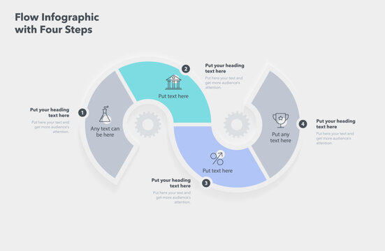 Flow infographic design template with four colourful steps. Modern process diagram with numbers, icons and places forn your texts.