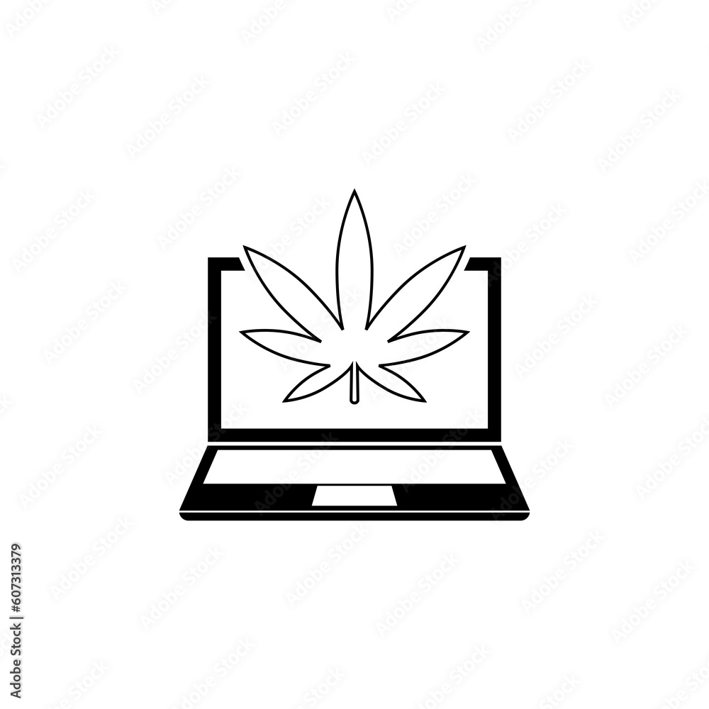 Sticker laptop and medical marijuana or cannabis leaf icon isolated on transparent background