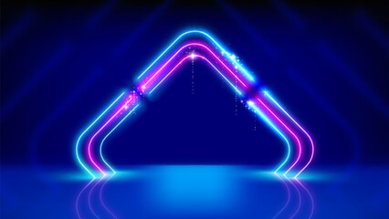 Neon square frame, led arch, light lines. Glowing sparkling square. Stage. Background, backdrop for displaying products. Blue pink purple neon arch, frame. Vector illustration