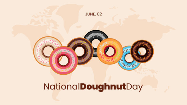 National Doughnut Day poster banner background template with seven colorful donuts and world map. National Donut Day June 02. Vector illustration in trendy style. Editable graphic resources.