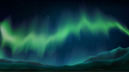 Northern lights. Aurora boreal. Stunning green northern lights on a dark blue starry sky background. Mountains, rocks, stars, aurora borealis. Night, landscape. Vector illustration